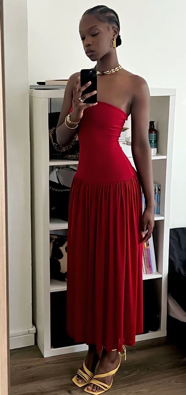 Red Strapless A-Line Long Party Dress Wedding Guest Dress       fg7403