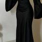 Vintage long satin black dress for women, elegant evening dress     fg7495