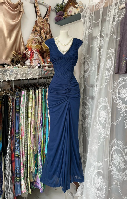 Navy Blue Mermaid Pleats Vintage Prom Dress Long Evening Dress   fg8038