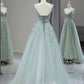 Stylish Spaghetti Strap Tulle Floor Length Formal Dress Gray Green V-Neck Backless Party Dress        fg6350