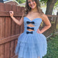 Strapless Black Dot Tulle Ruffle Homecoming Dress with Bow    fg6159