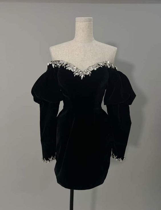 Puff sleeve mini dress, elegant black long sleeve short evening dress     fg6107