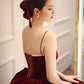 Spaghetti strap evening dress,red party dress,velvet prom dress     fg6232