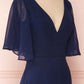 Navy Blue Chiffon V-Neck Ruffled Sleeve Long Bridesmaid Dress           fg6390