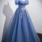 Tulle Lace Floor Length Prom Dress, Short Sleeve Evening Dress      fg6424