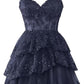 Navy Homecoming Dresses for Teens Tulle Lace Applique Tiered A-line Formal Short Mini Prom Dress      fg6211