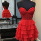 Red Lace Short Homecoming Dress with Chiffon Ruffle Skirt       fg6006