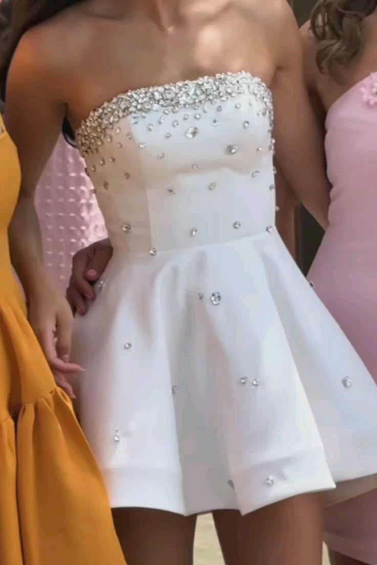 White Strapless A Line Unique Homecoming Dress Sparkly Party Dress    fg7545