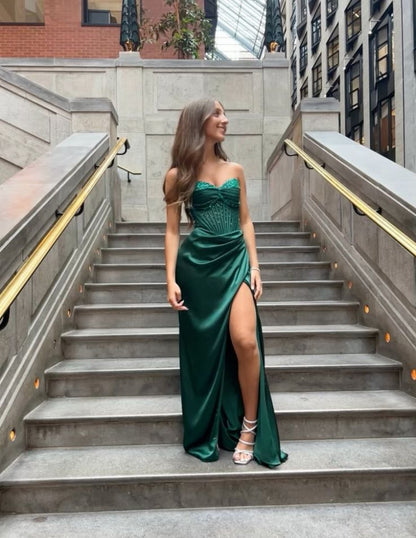 Green Strapless Long Formal Dress Satin Evening Dresses     fg7674