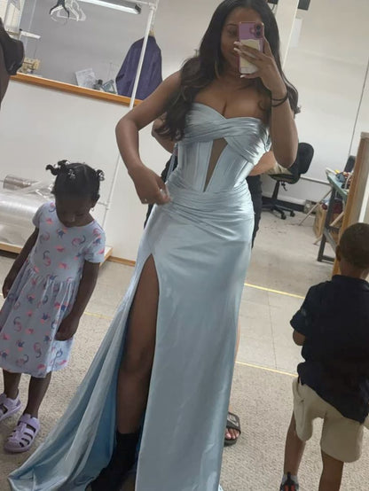 Mermaid Blue Strapless Prom Party Dress Long Evening Dress   fg8096