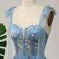 Blue Floral Embroidery Tulle Prom Dress, A-Line Fairy Gown Blue Party Dress  fg8741