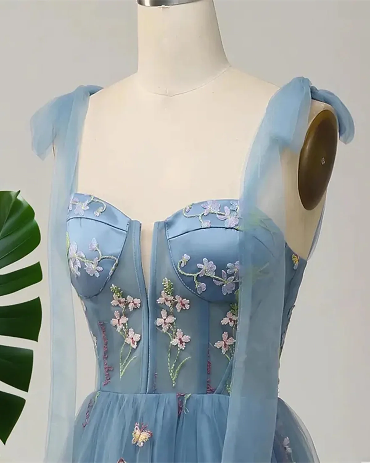 Blue Floral Embroidery Tulle Prom Dress, A-Line Fairy Gown Blue Party Dress  fg8741