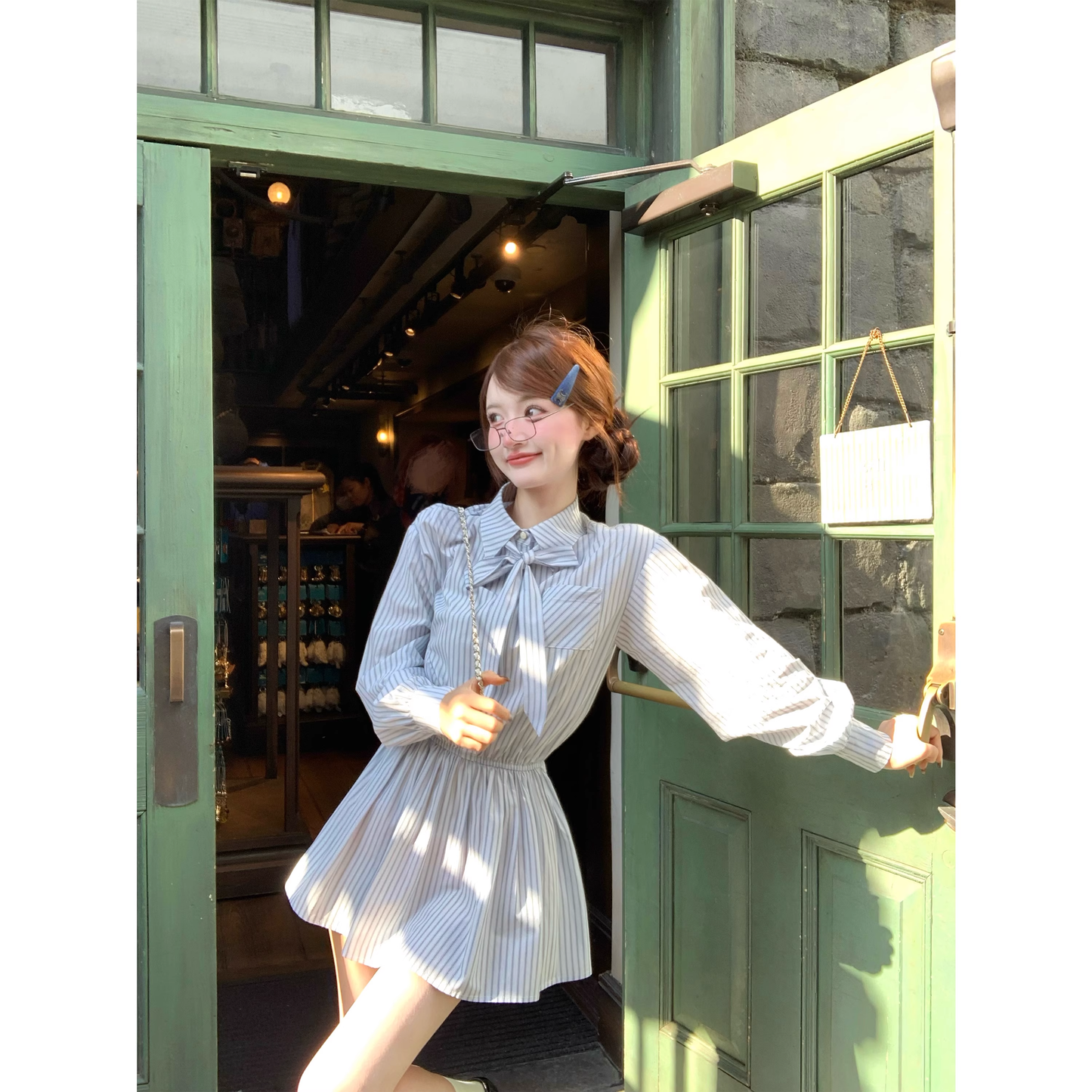 Blue striped long-sleeved shirt dress for women  A121