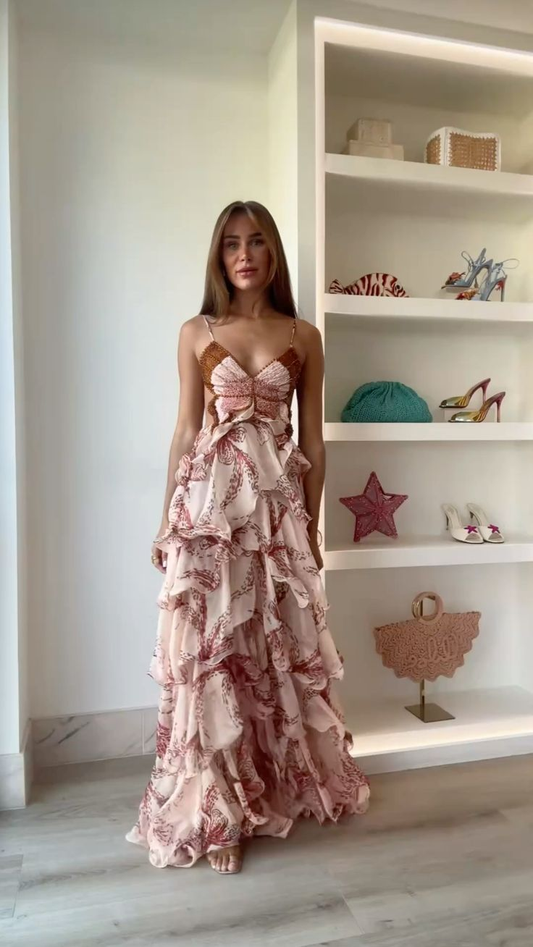 V Neckline Pink Evening Dress Chiffon Long Prom Party Dress  fg8379