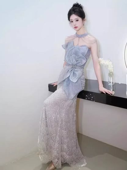 Mermaid High Neckline Sequin Long Evening Dress Beads Prom Dress fg8576