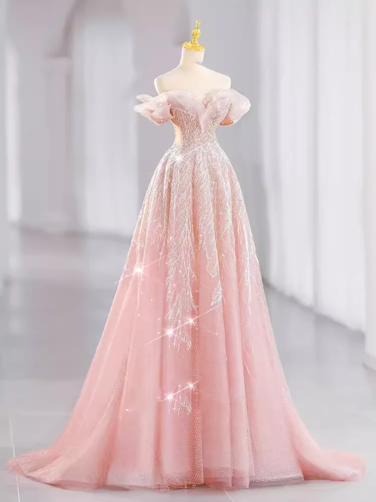 A line Off The Shoulder Pink Sequin Long Evening Dress Prom Dress  fg8583