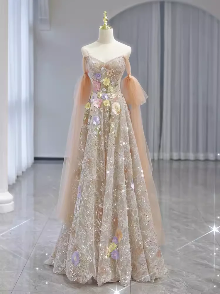 A line Straps Floral Lace Long Evening Dress Prom Dress   fg8582