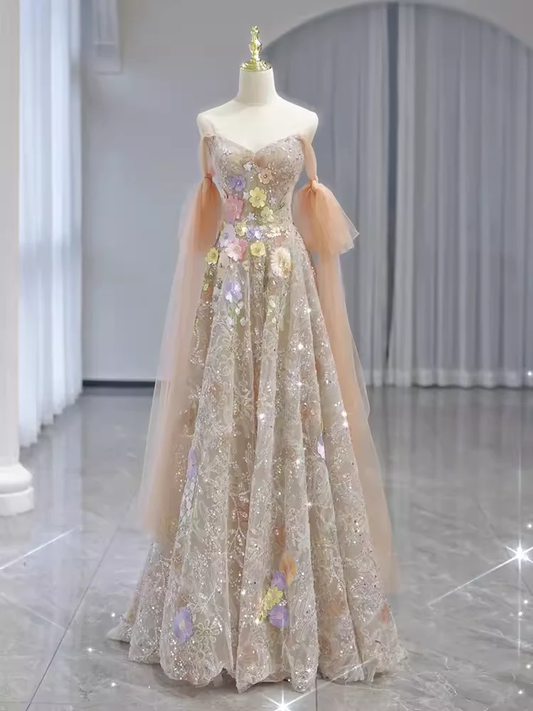 A line Straps Floral Lace Long Evening Dress Prom Dress   fg8582