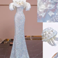 Mermaid Off The Shoulder Sequin Long Evening Dress Beads Prom Dress  fg8578
