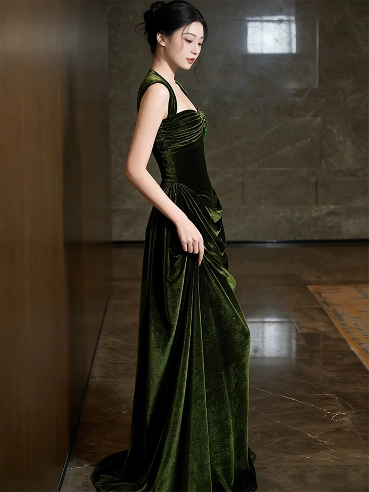 Green Velvet Sweetheart Long Prom Dress, Green Velvet Wedding Party Dress Formal Dress  fg8721