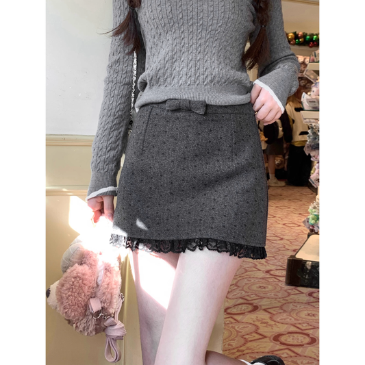 Wool polka dot lace bow midi skirt  A80