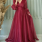A Line V Neckline Long Sleeves Hot Pink Tulle Long Prom Dresses Evening Dress fg8513
