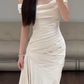 Off The Shoulder Elegant Ivory Wedding Dress With Train Satin Evening Dress  fg8675