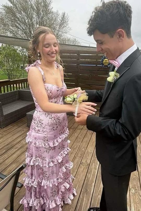 Elegant Double Straps Print Sleeveless Ruffles Prom Dress with Slit fg8303