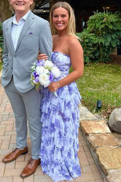 A-Line Strapless Empire-Waist Layered Print Sleeveless Prom Dress fg8302