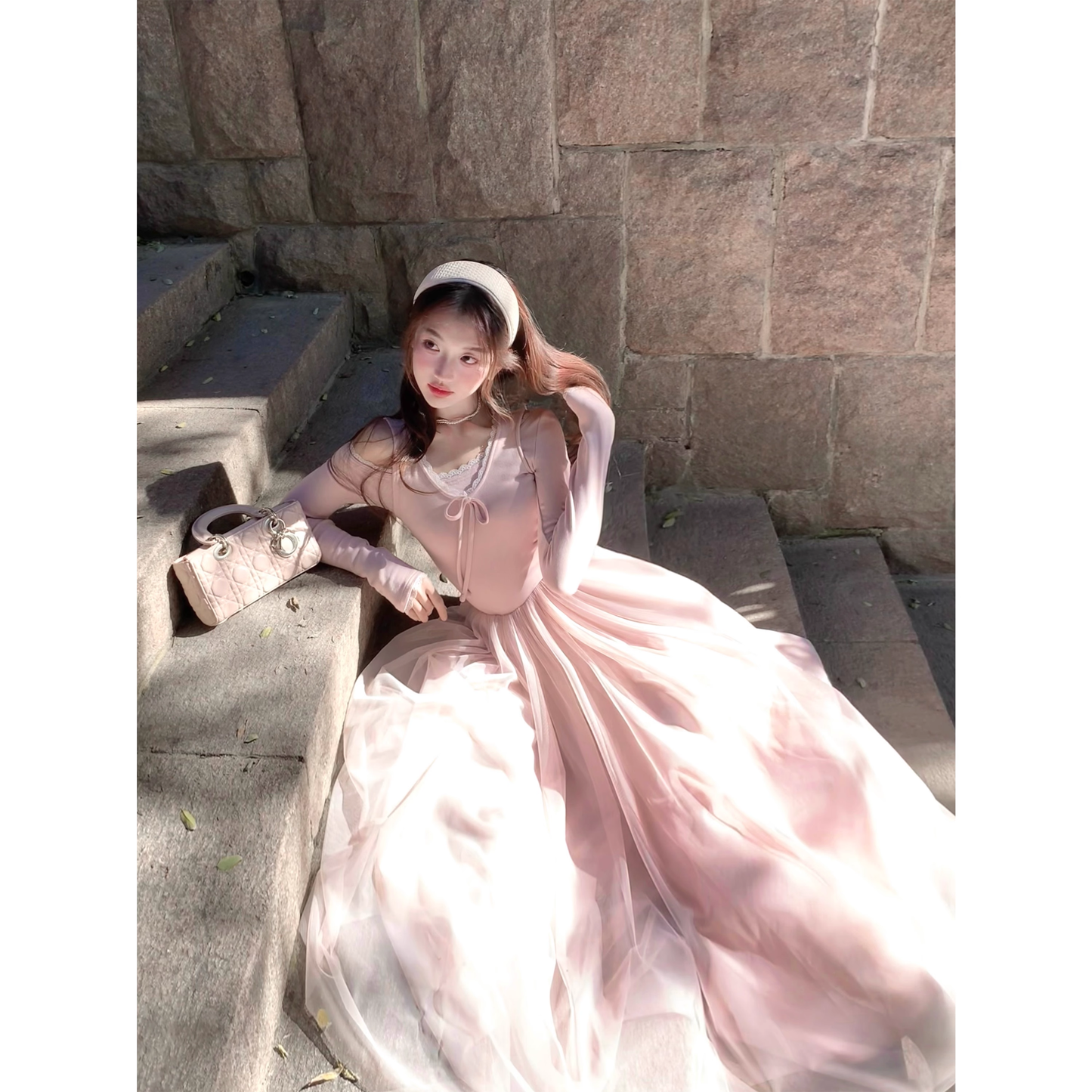 Ballet-inspired pink knitted mesh dress French-inspired inner layer.  A27