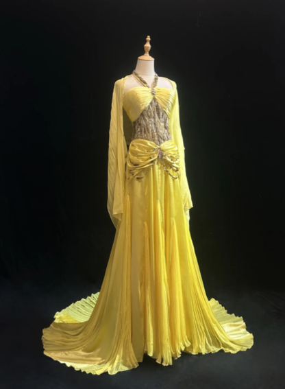 Classy Yellow Chiffon Prom Party Dress Beads Evening Gowns  fg8596