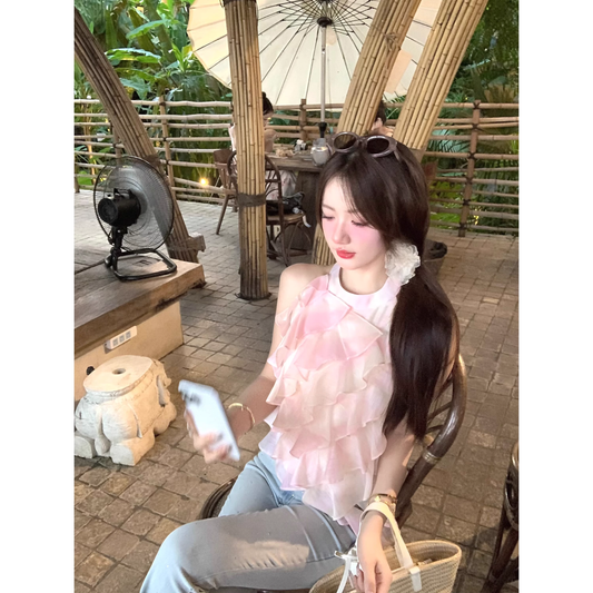 Pink irregular halter neck top  A89