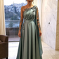 Evening Dresses One Shoulder Full Length Satin A Line Long Sleeves Formal Party Dress Prom Gown       fg6768