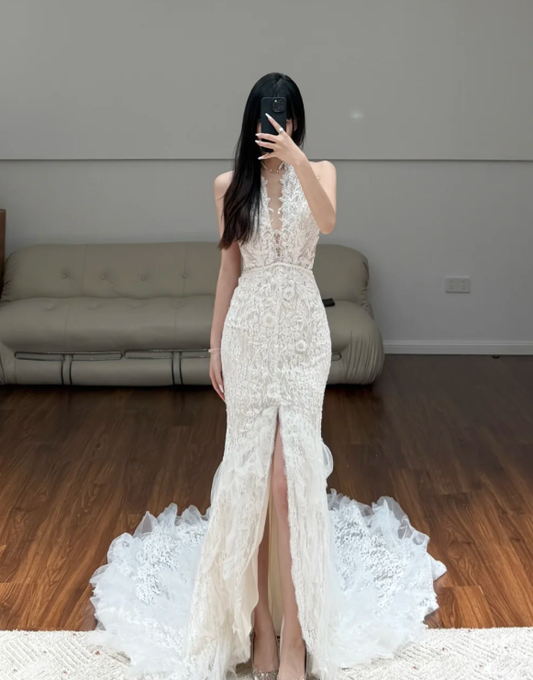 V Neck White Lace Mermaid Wedding Dress Sexy Wedding Gowns fg8685