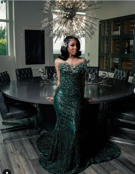 Luxury One Shoulder Satin Beaded Evening Dress Emerald Green Mermaid Prom Dress fg8412