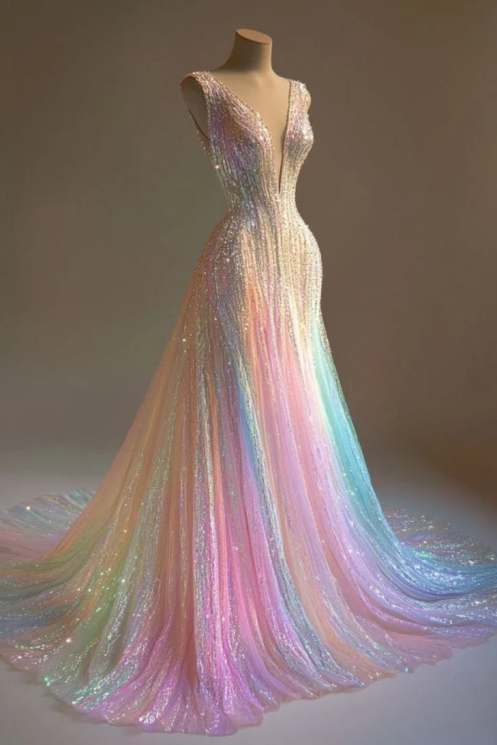Stunning Colorful V-Neck A-Line Sequined Tulle Long Prom Dresses  fg8541