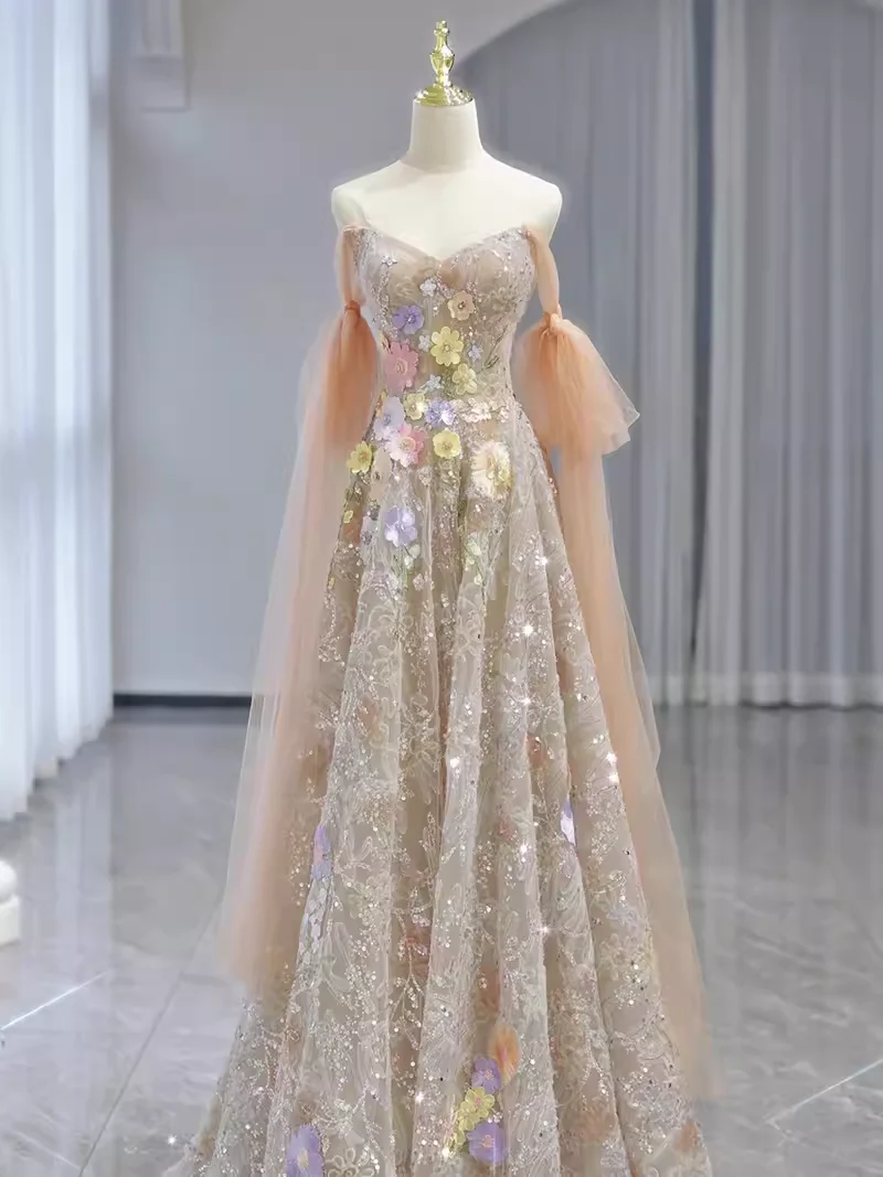 A line Straps Floral Lace Long Evening Dress Prom Dress   fg8582