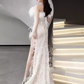 Mermaid Strapless Sequin Beads Long Evening Dress Slit Prom Dresses With Feathers  fg8585