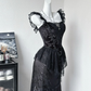 Vintage Black Satin Lace Long Party Dress Evening Dress fg8337
