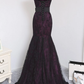 Gothic Purple and Black Lace Mermaid Prom Gown, Strapless Floor-Length Party Dress Evening Dress  fg8734