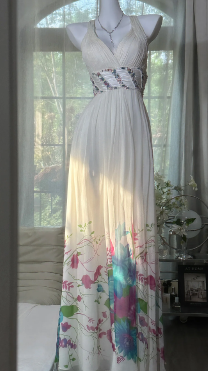 Chiffon Flower Printed Prom Party Dress 21st Birthday Outfit Evening Dress  fg8592