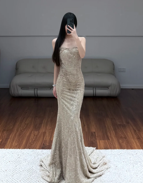 Sequins Lace Prom Party Dress Mermaid Evening Dress With Beading fg8712