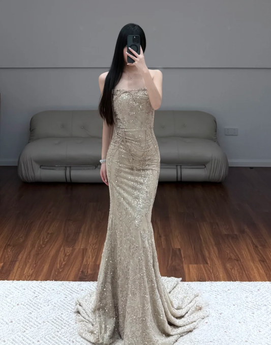 Sequins Lace Prom Party Dress Mermaid Evening Dress With Beading fg8712