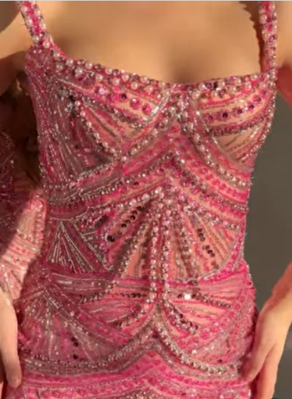 Gorgeous Pink Spaghetti Straps Sequin Beaded Long Evening Dress Formal Party Gown fg8357