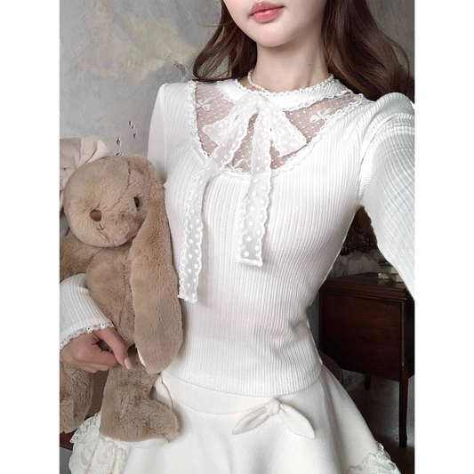 Lace Fitted Knit Sweater Top  A125