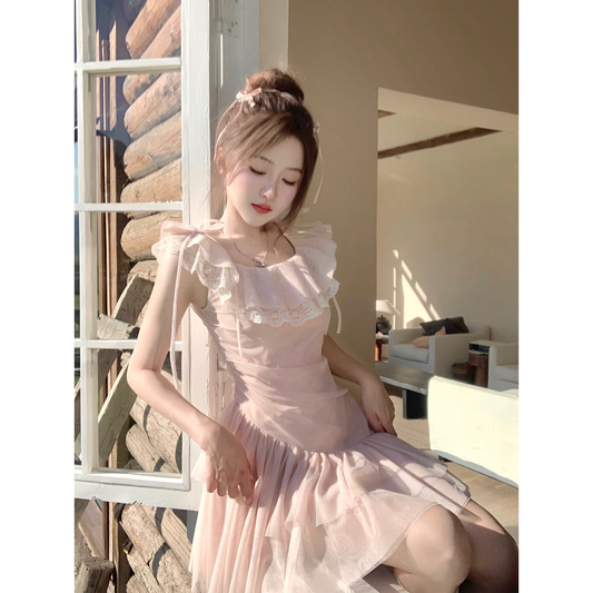 Pink fairy dress style tulle irregular princess dress  A51