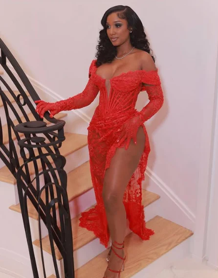 Sexy Lace Slit Mermaid Prom Dress Red Evening Dress  fg8543