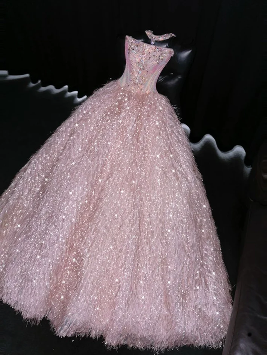 Exquisite Pink Beaded Feather Ball Gown Tulle Prom Dress Party Dress  fg8558