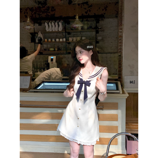 Navy collar dress, sweet preppy style sleeveless dress  A34