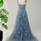 Blue Floral Embroidery Tulle Prom Dress, A-Line Fairy Gown Blue Party Dress  fg8741